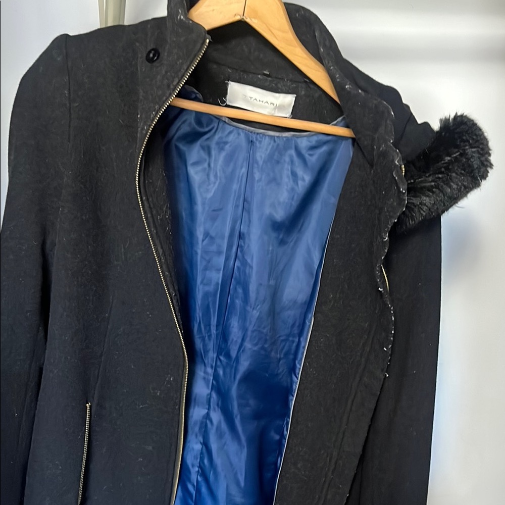 Tahari Black and Blue Trench Coat with Elegant Fur Trim